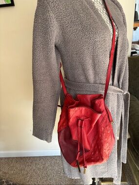 Halston Heritage Red Leather Patch Drawstring Crossbody Bucket Bag-AMAZING